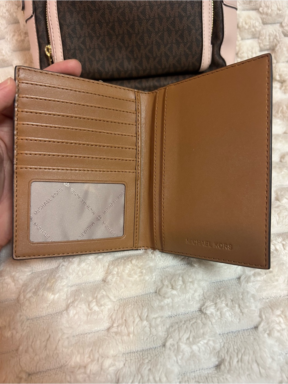 Michael Kors Jaycee Brown Monogram Backpack with Pale Pink Trim and Wallet - Picture 7 of 7